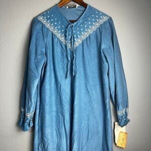 Henson Kickernick Vtg Blue‎ Nightgown Size L Loungewear White Lace Trim Long SL